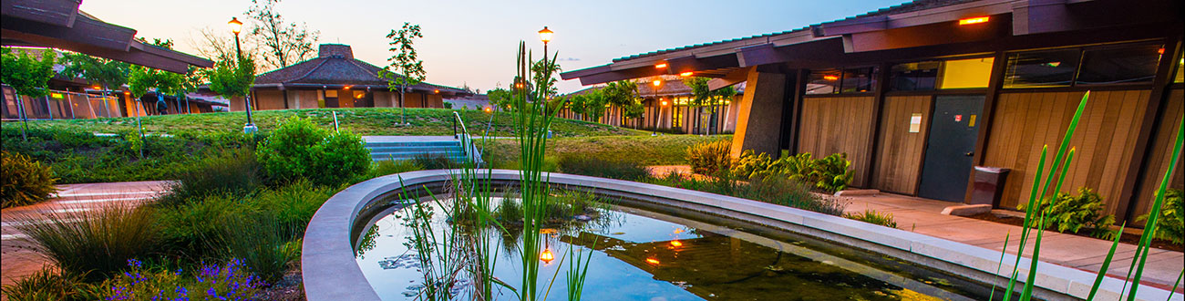 fountain with flowers in front of wooden buildings