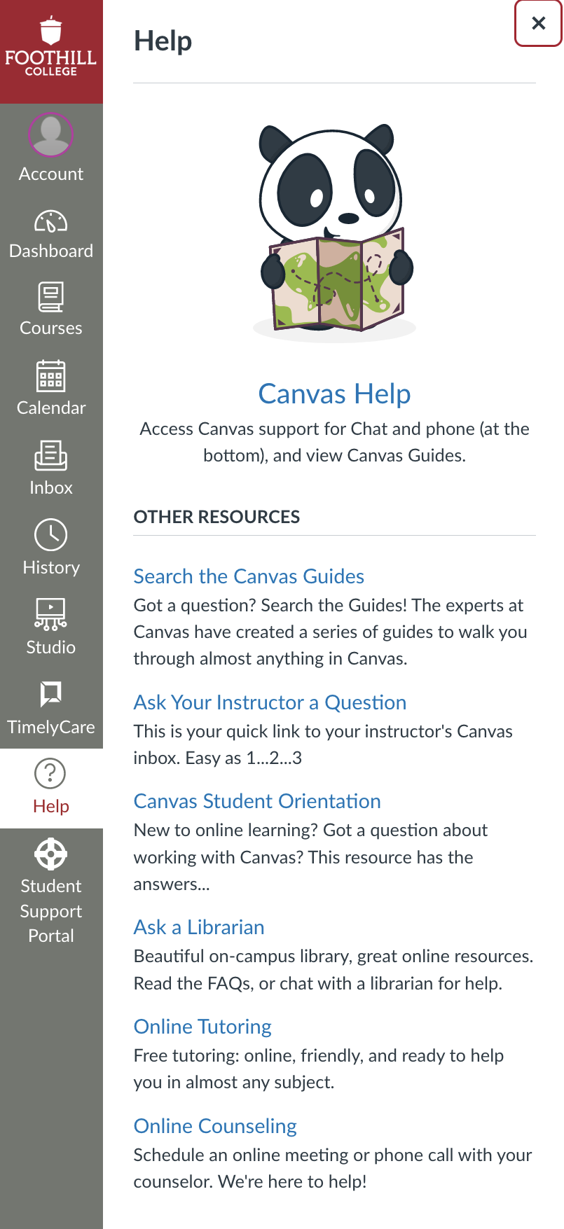 Canvas Help menu on global navigation