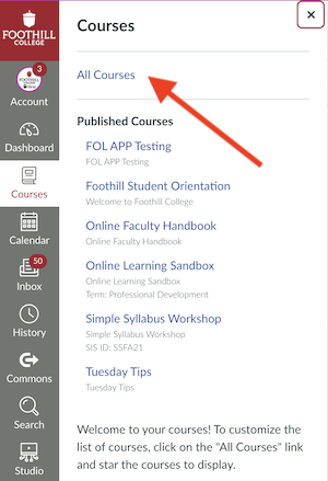 screenshot of Canvas courses from global nav menu