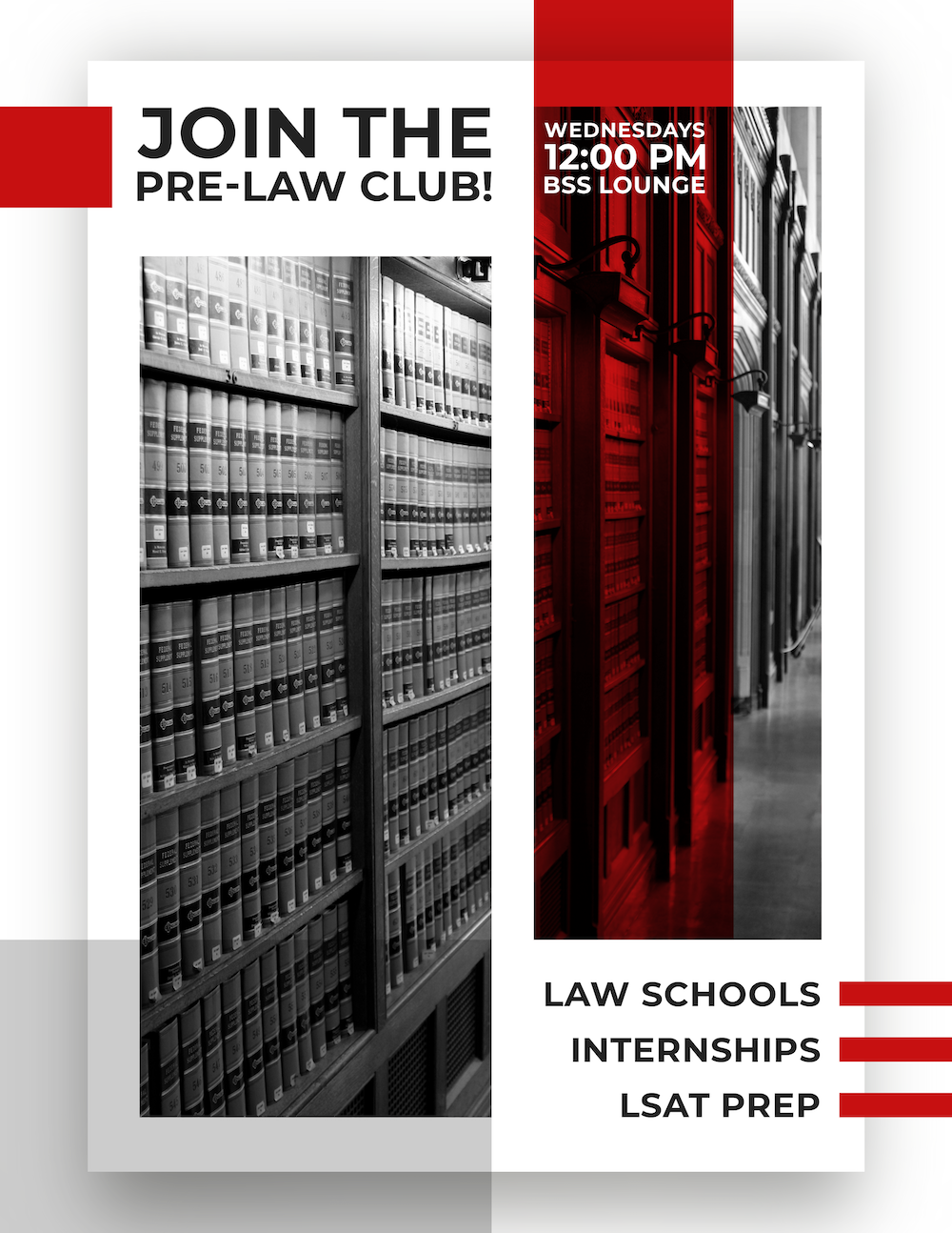 Pre law club Wednesdays 12-1 BSS lounge