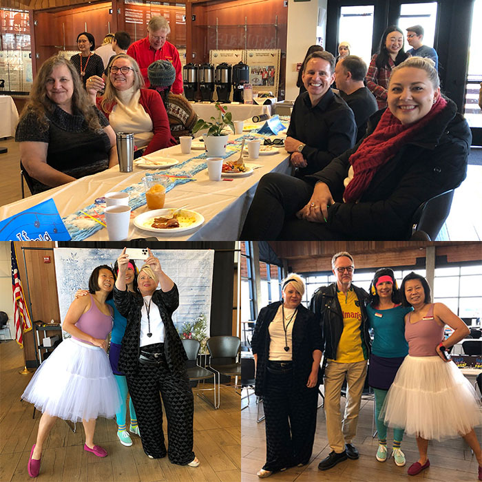 three photos of employees enjoying community at a holiday breakfast