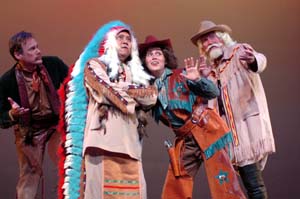 l-r, Charlie (Doug Brees), Annie Oakley (Jessica Raaum), Frank Butler (Byron Westlund), and Buffalo Bill (John Musgrave)