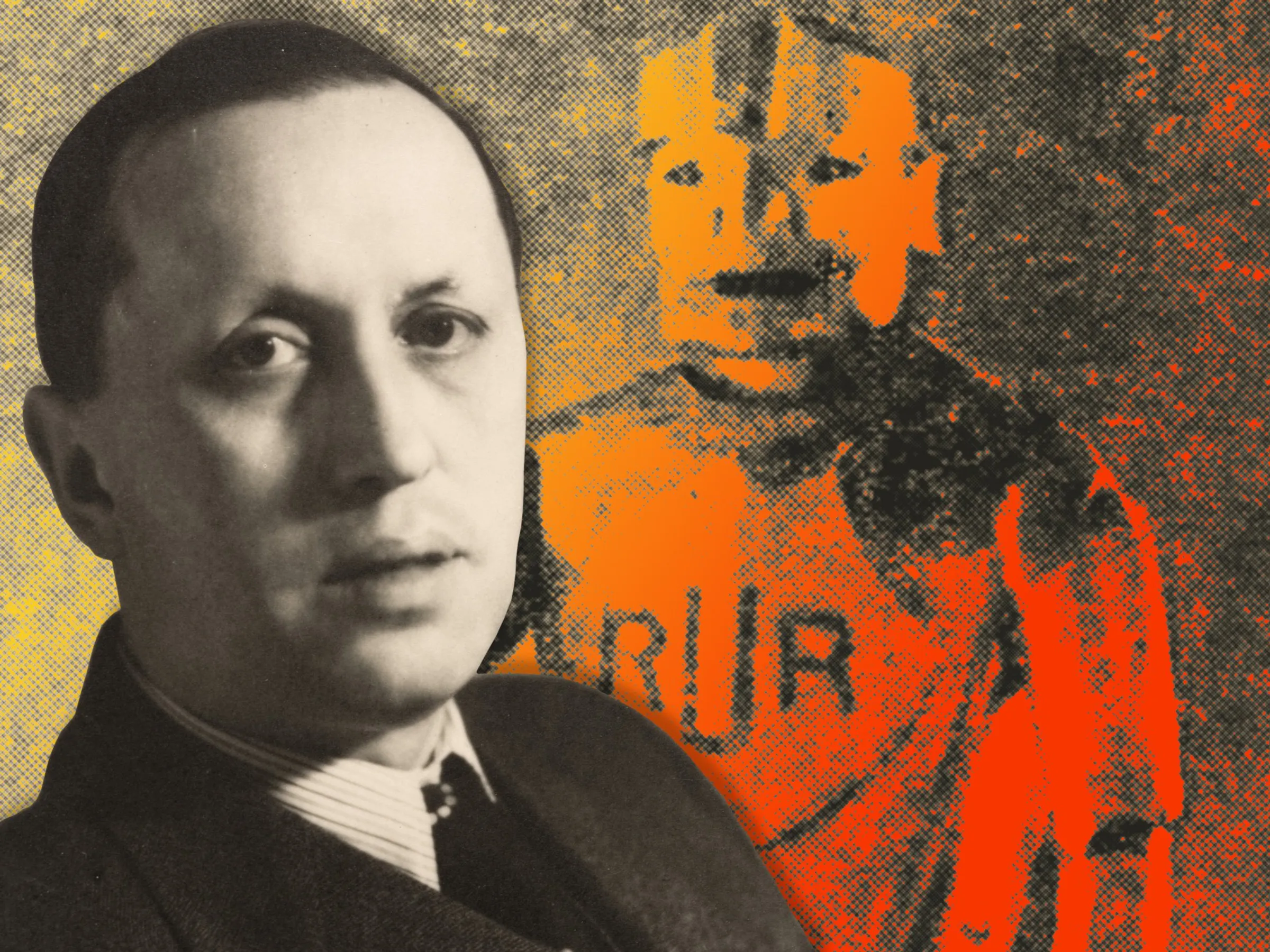 A vintage-style portrait of a man in a suit overlaid with an orange and yellow halftone image of an early robot labeled “RUR.”